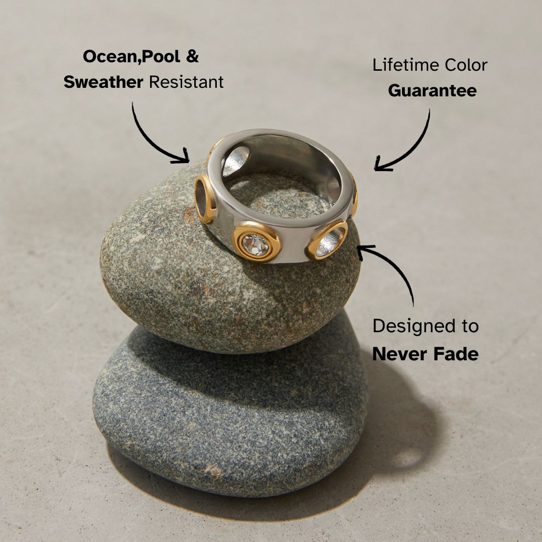 Waterproof and sweatproof gold-silver ring displayed with product features labeled