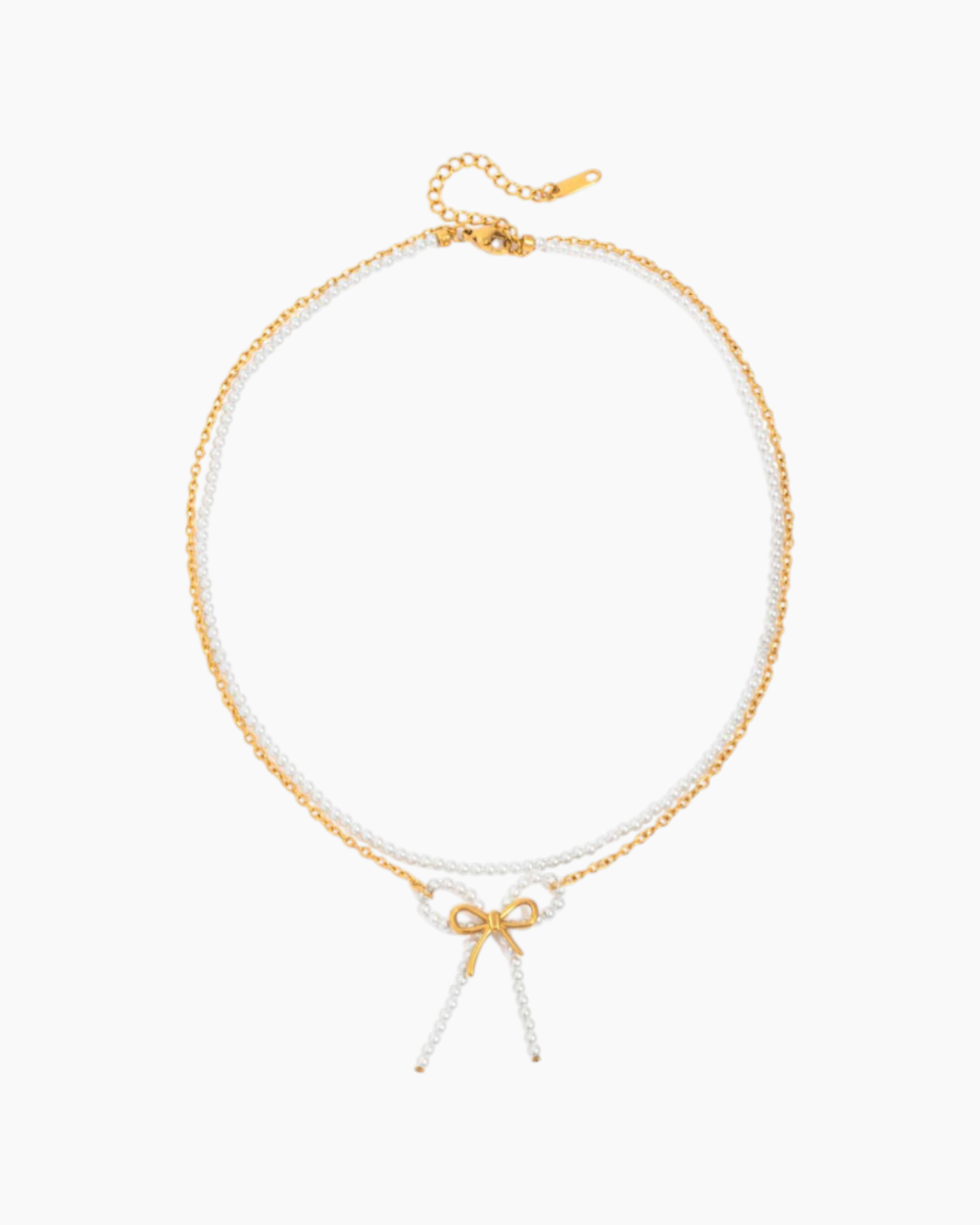 Gold and white beaded necklace on a white background