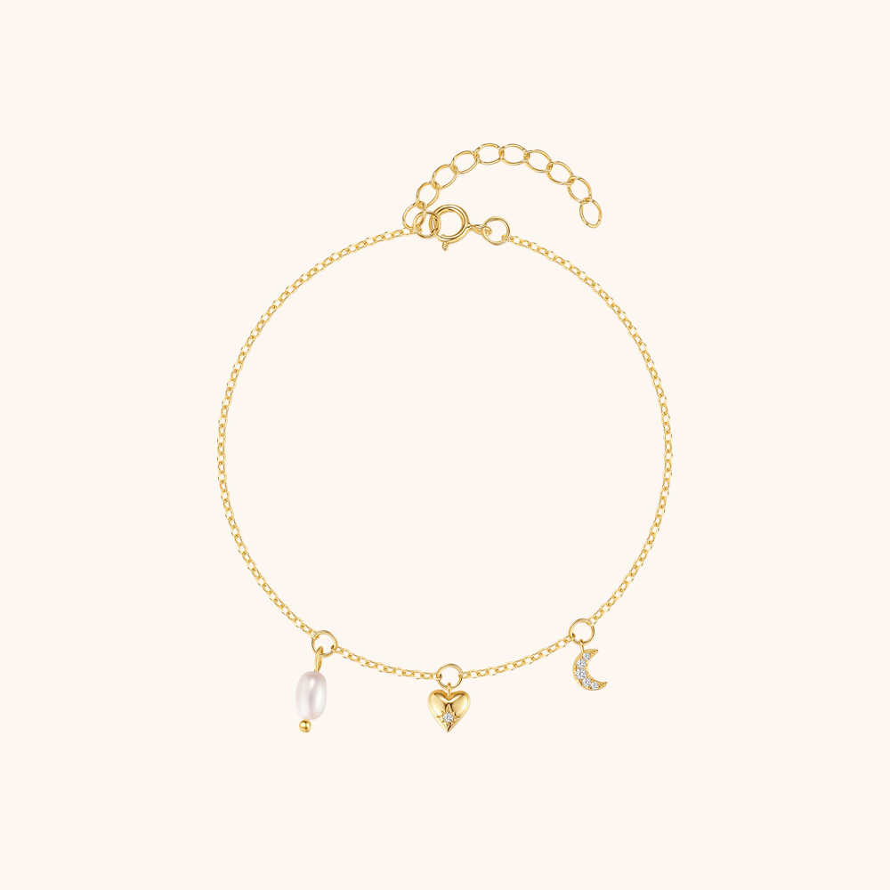Sterling Silver Heart, Moon, and Pearl Charm Bracelet