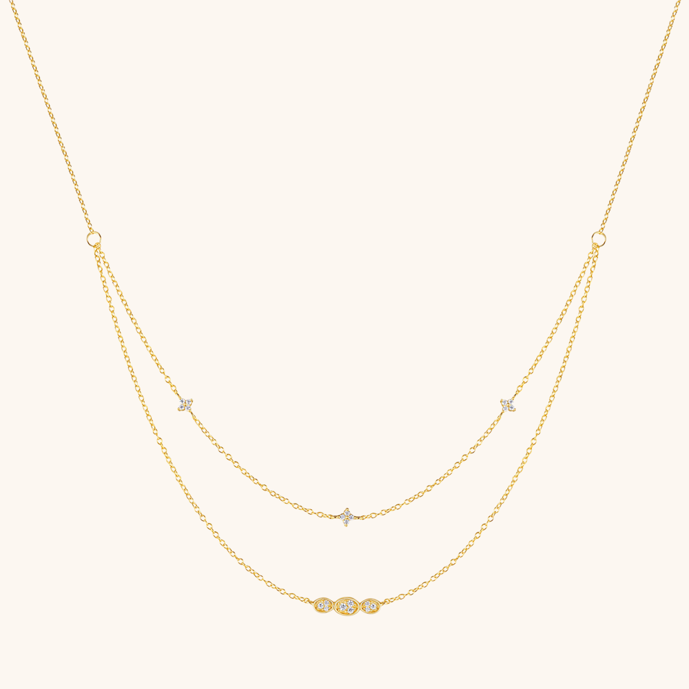 Double-Layer Clover and Oval Zirconia Necklace