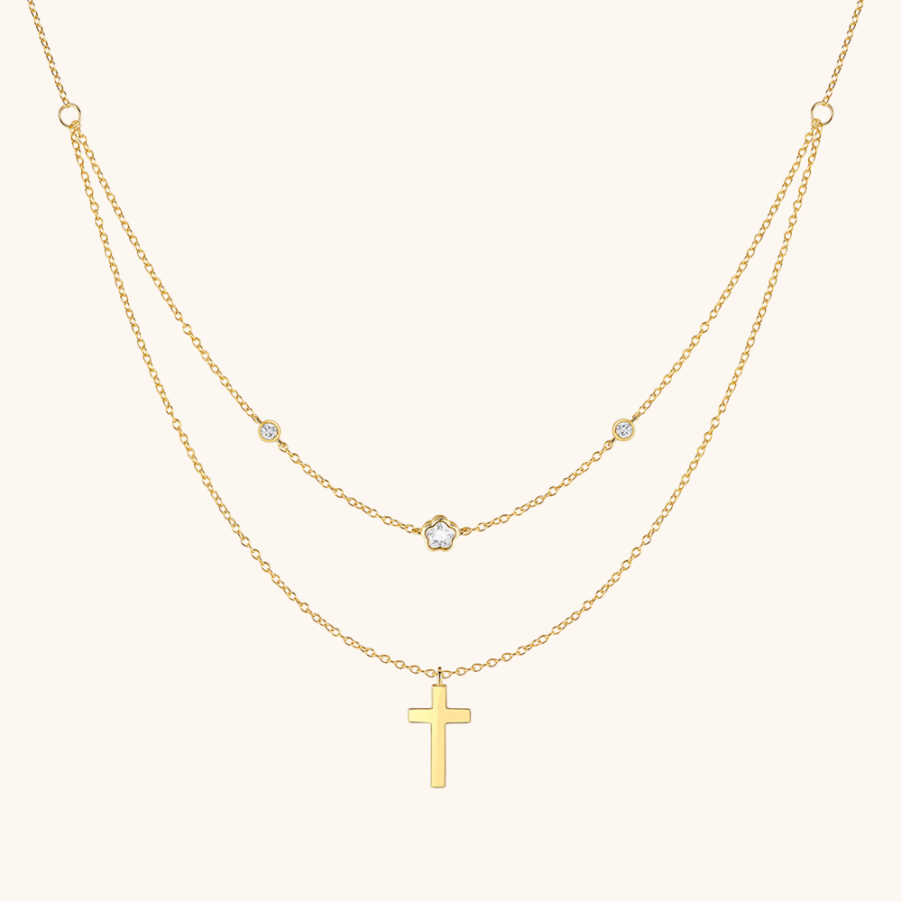 Double-Layer Cross and Flower Pendant Necklace