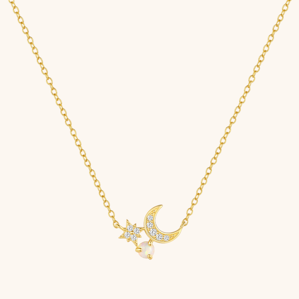 Crescent Moon & Star Opal Pendant Necklace
