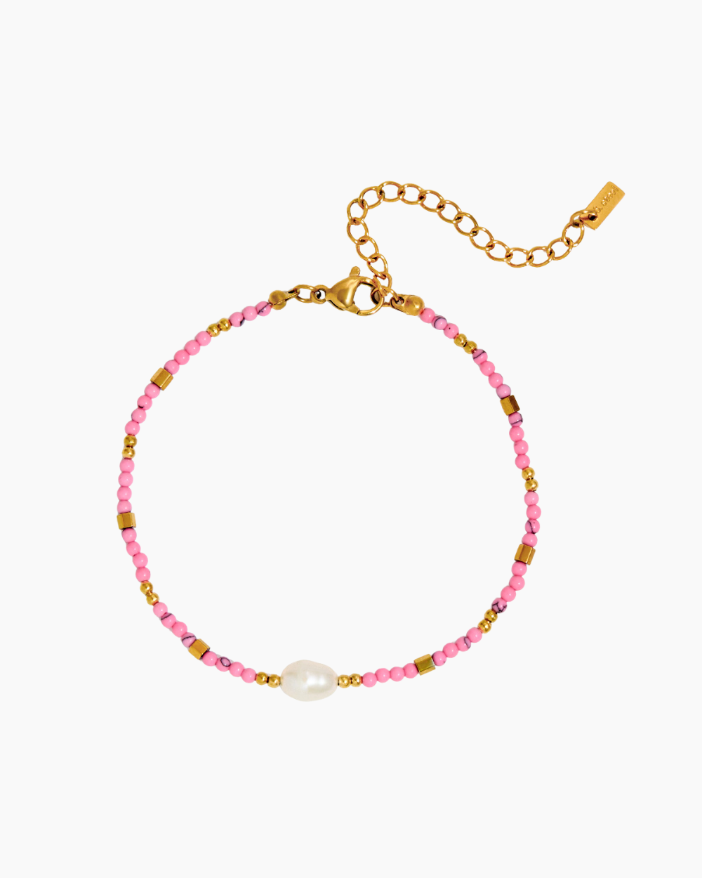 Bracelet with pink beads and a gold chain on a white background