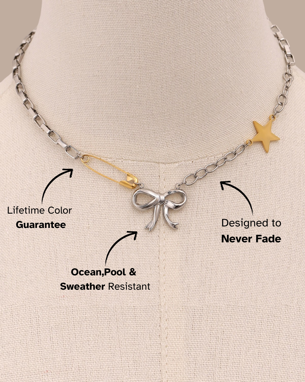 Necklace with bow and star charm on a mannequin, featuring durability and color guarantee text.