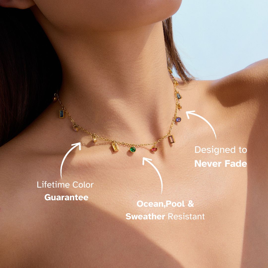 Model wearing dainty gold choker with colorful crystal drops, summer beach jewelry for women – waterproof and fadeproof