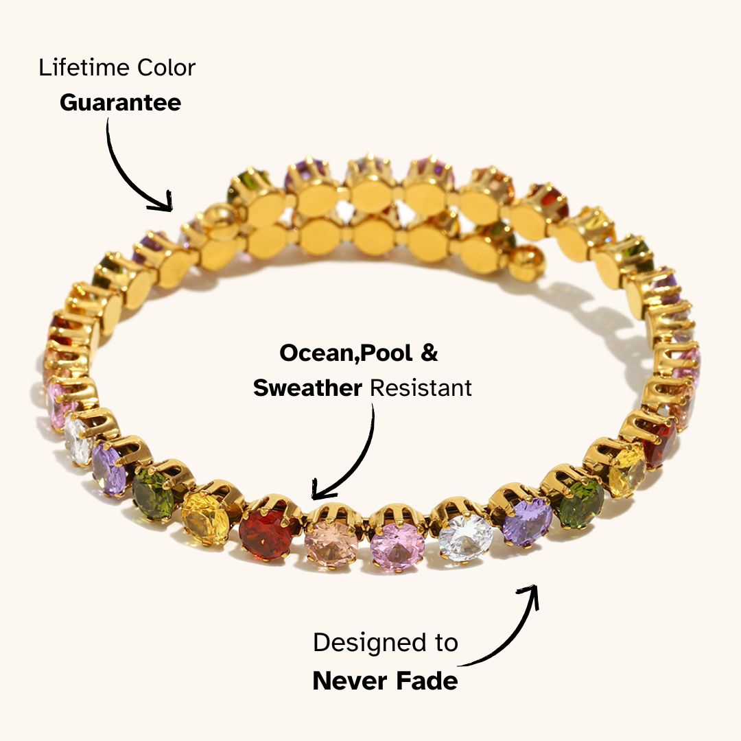 Colorful crystal tennis bracelet on gold base, suited for festival looks and holiday vibes in Barcelona or Mykonos.