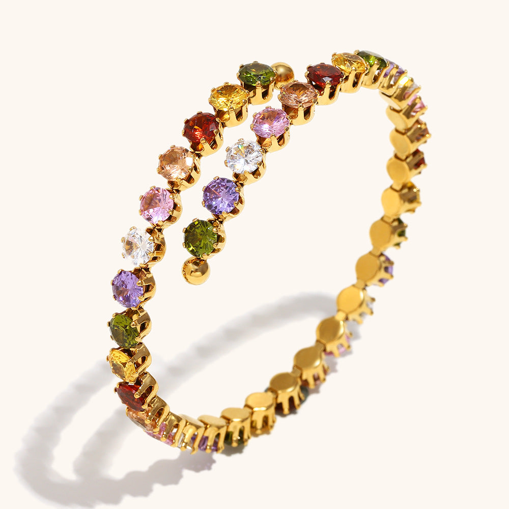 Colorful zircon bangle bracelet with rainbow crystals on gold finish