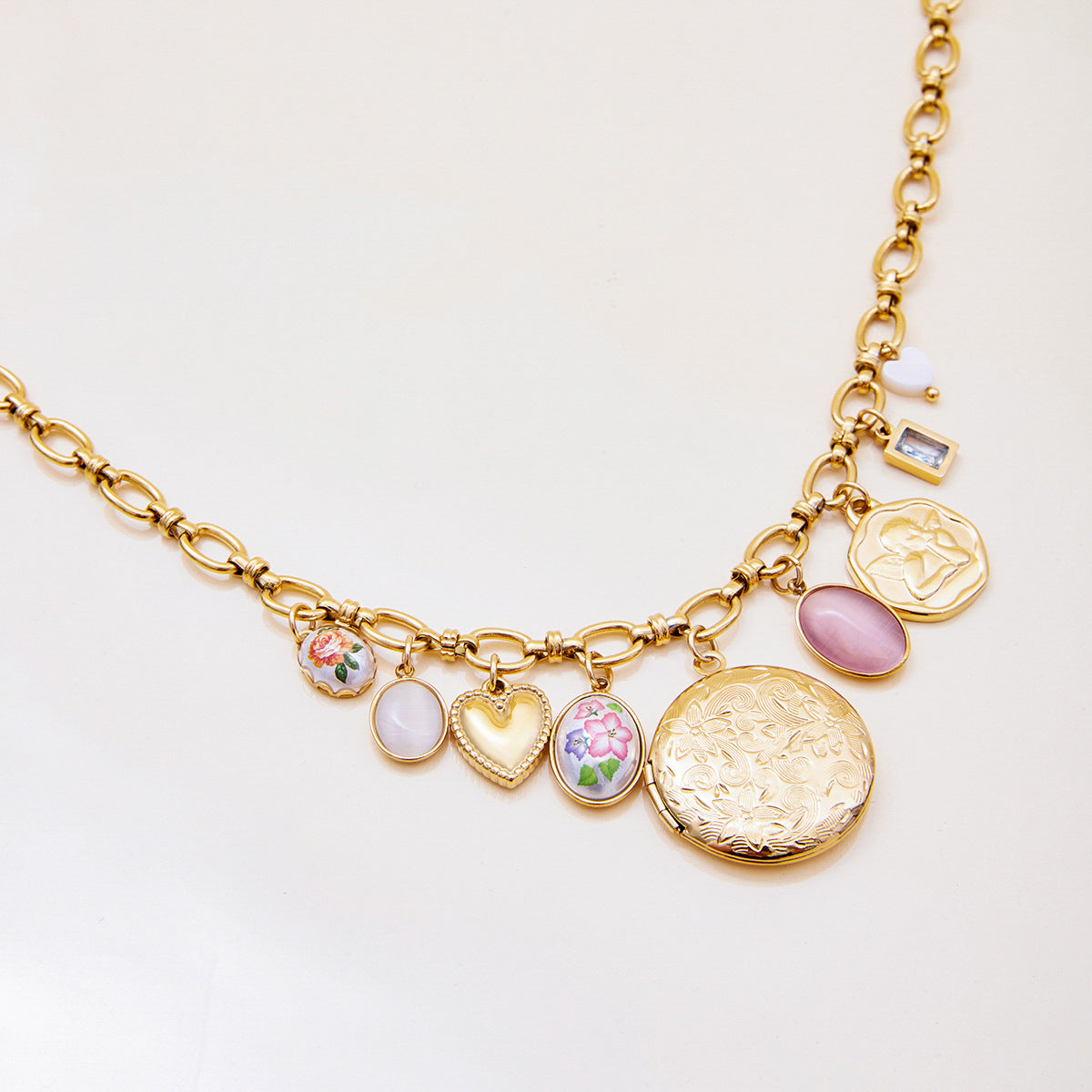 Retro-inspired locket necklace with colorful charms for women