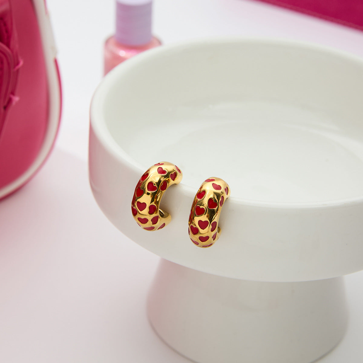 Waterproof gold earrings with cute red heart design