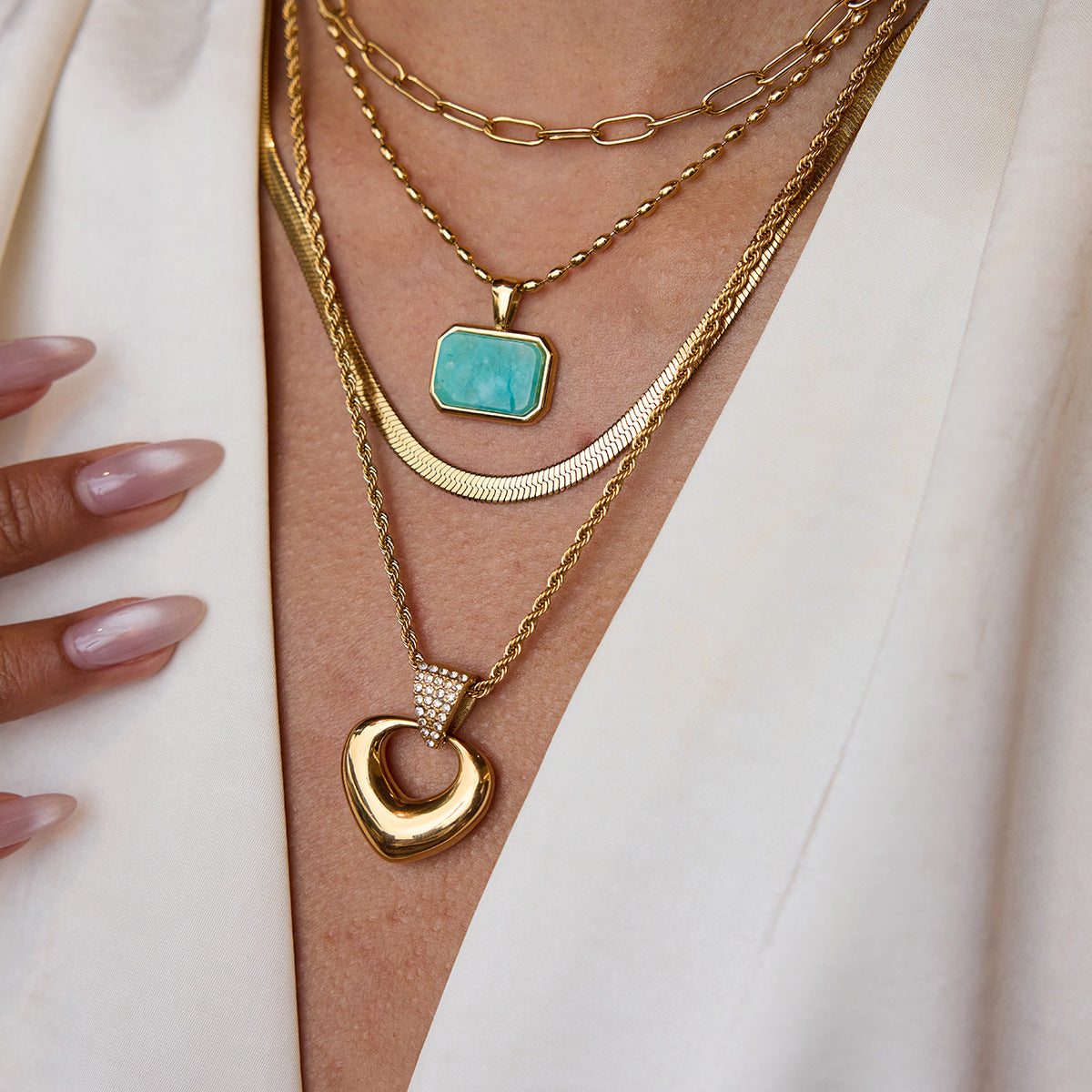 Model wearing gold open heart necklace with casual outfit_MiFJewelry