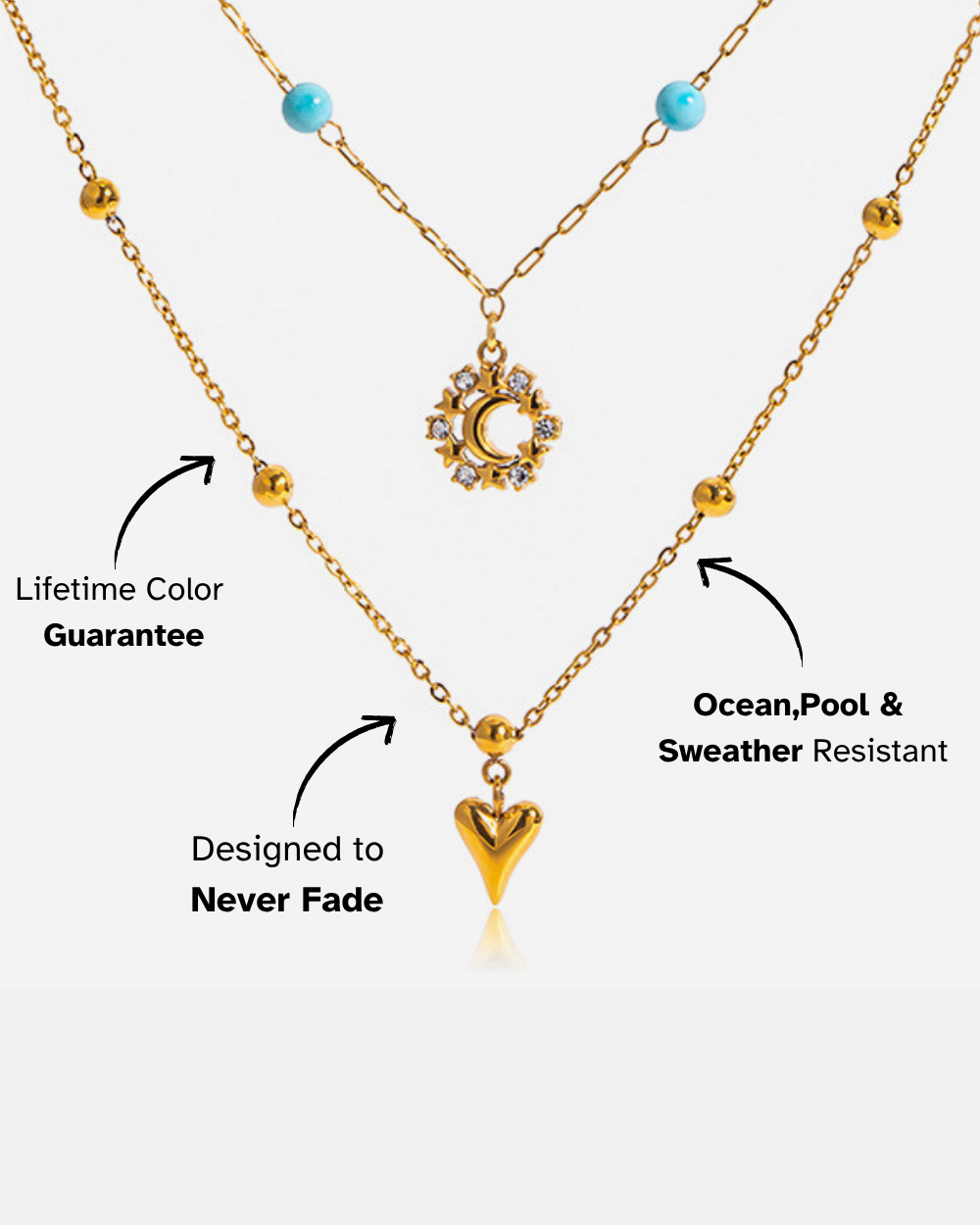 Gold necklace with heart pendant and turquoise beads on a white background