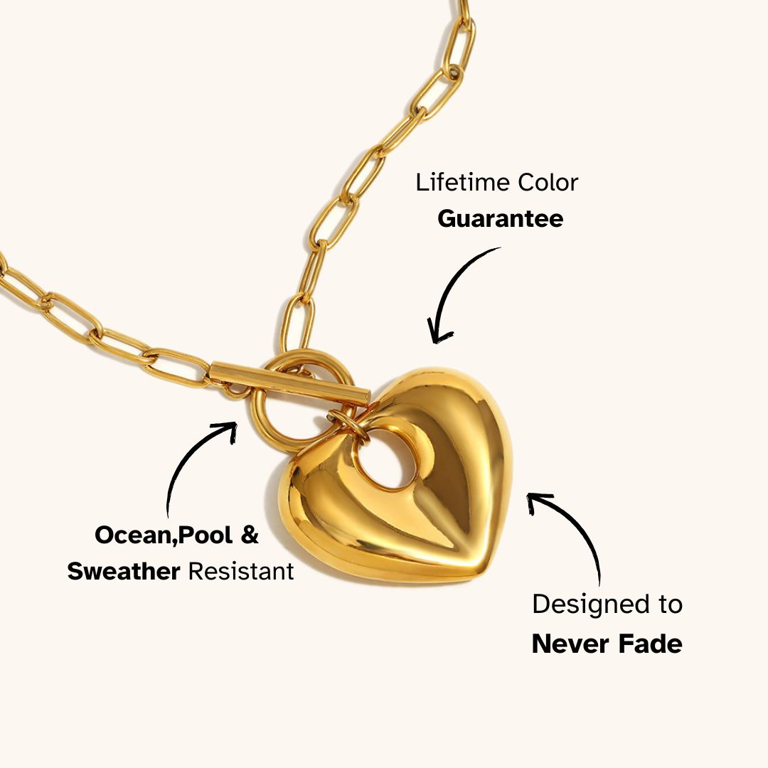 Chunky gold chain necklace with puff heart pendant, modern romantic statement necklace for daily wear.