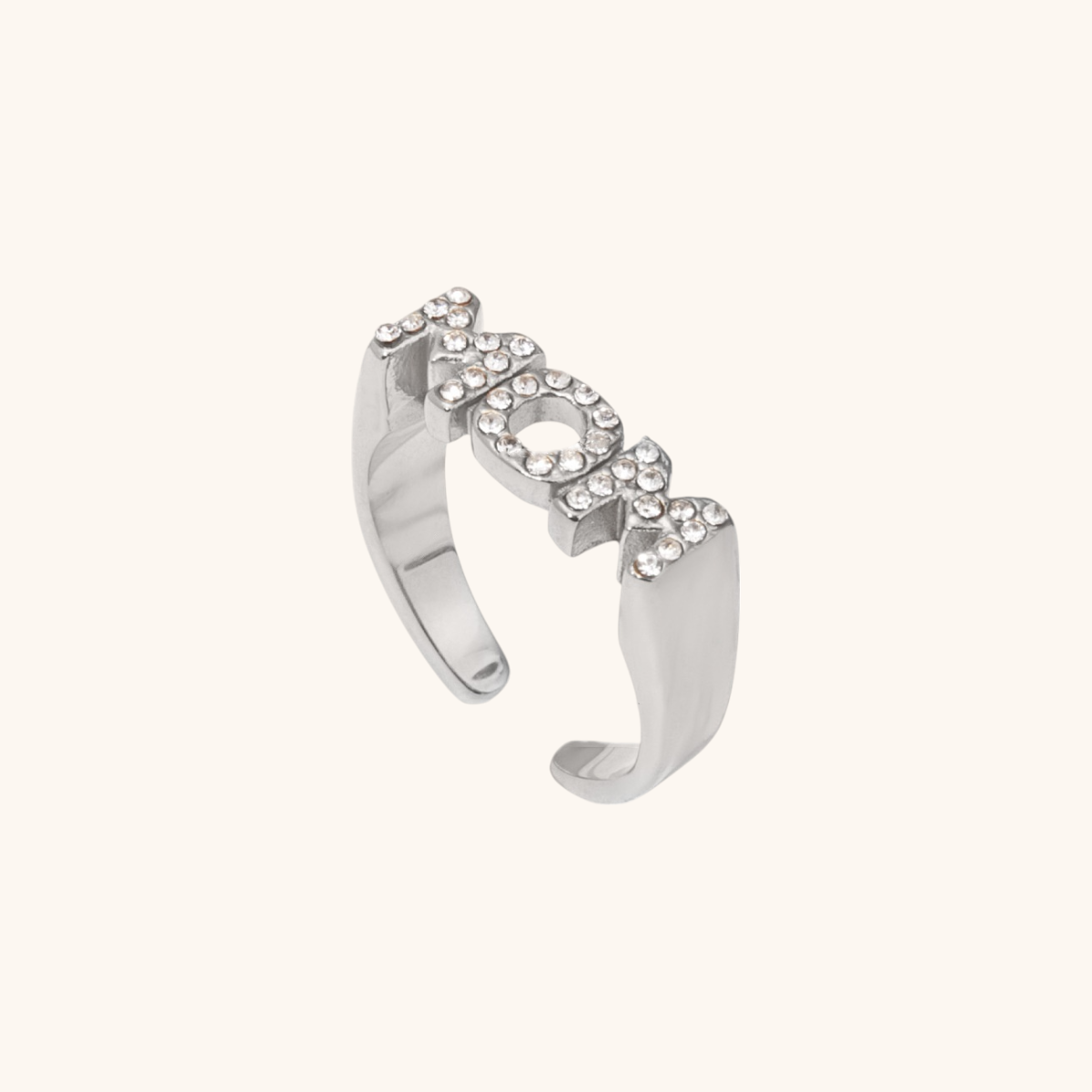 Silver adjustable MOM ring with crystal accents, minimalist mom jewelry