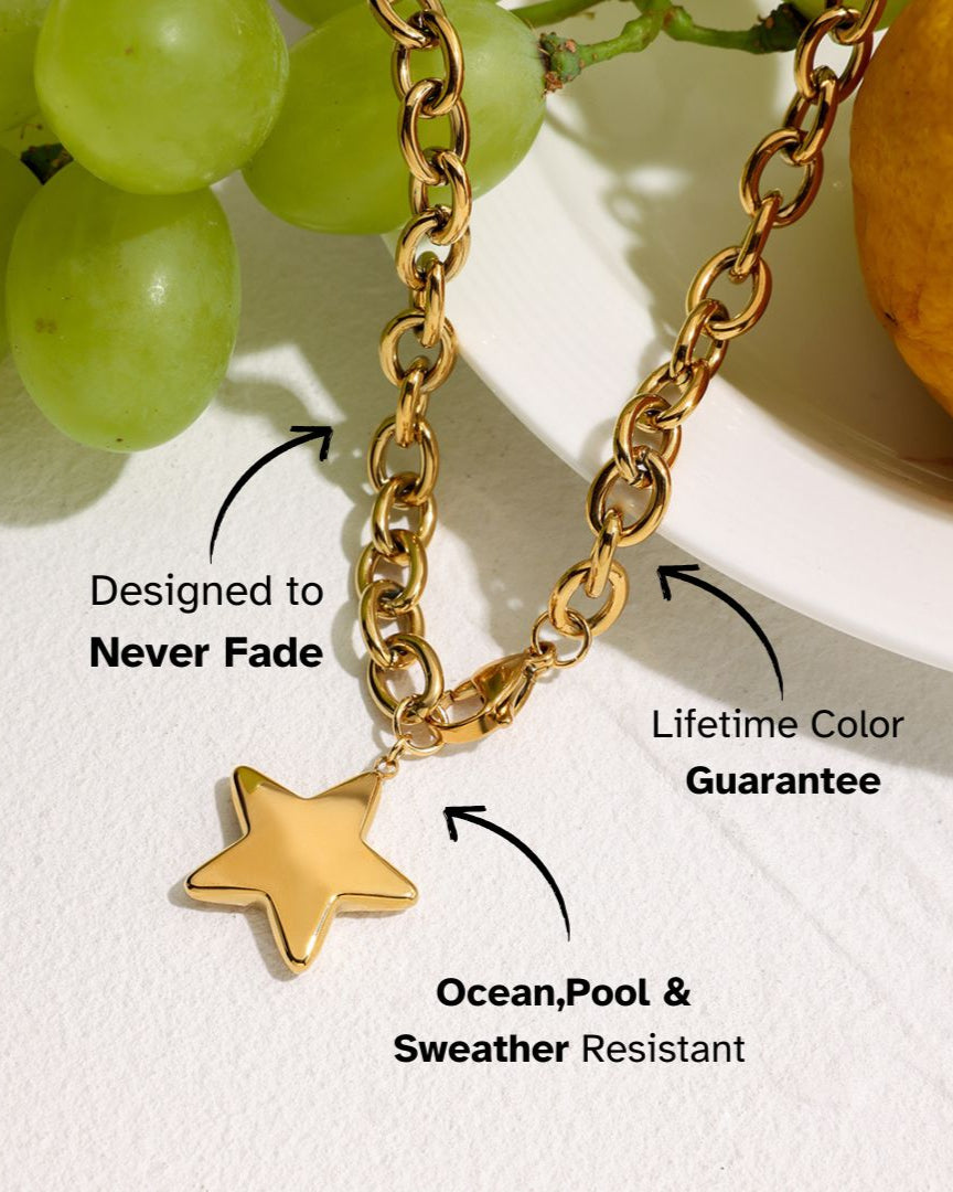 Star pendant gold necklace with grapes and lemon on plate, ocean and sweat resistant, never fade design.