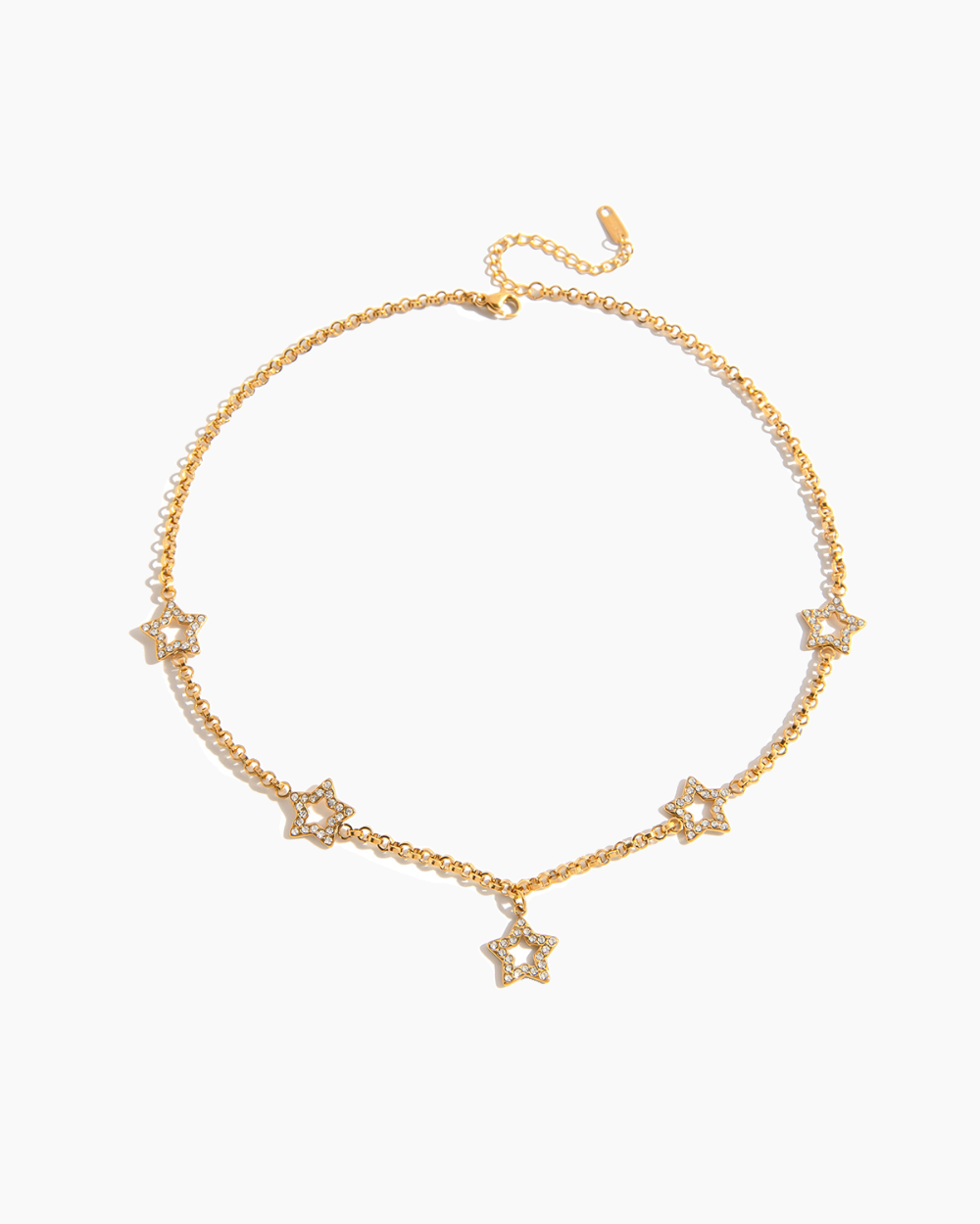 Gold bracelet with star-shaped charms on a white background