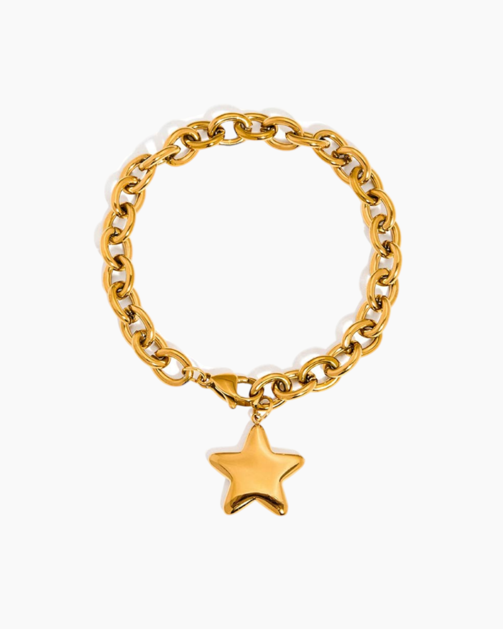 Gold chain bracelet with a star charm on a white background