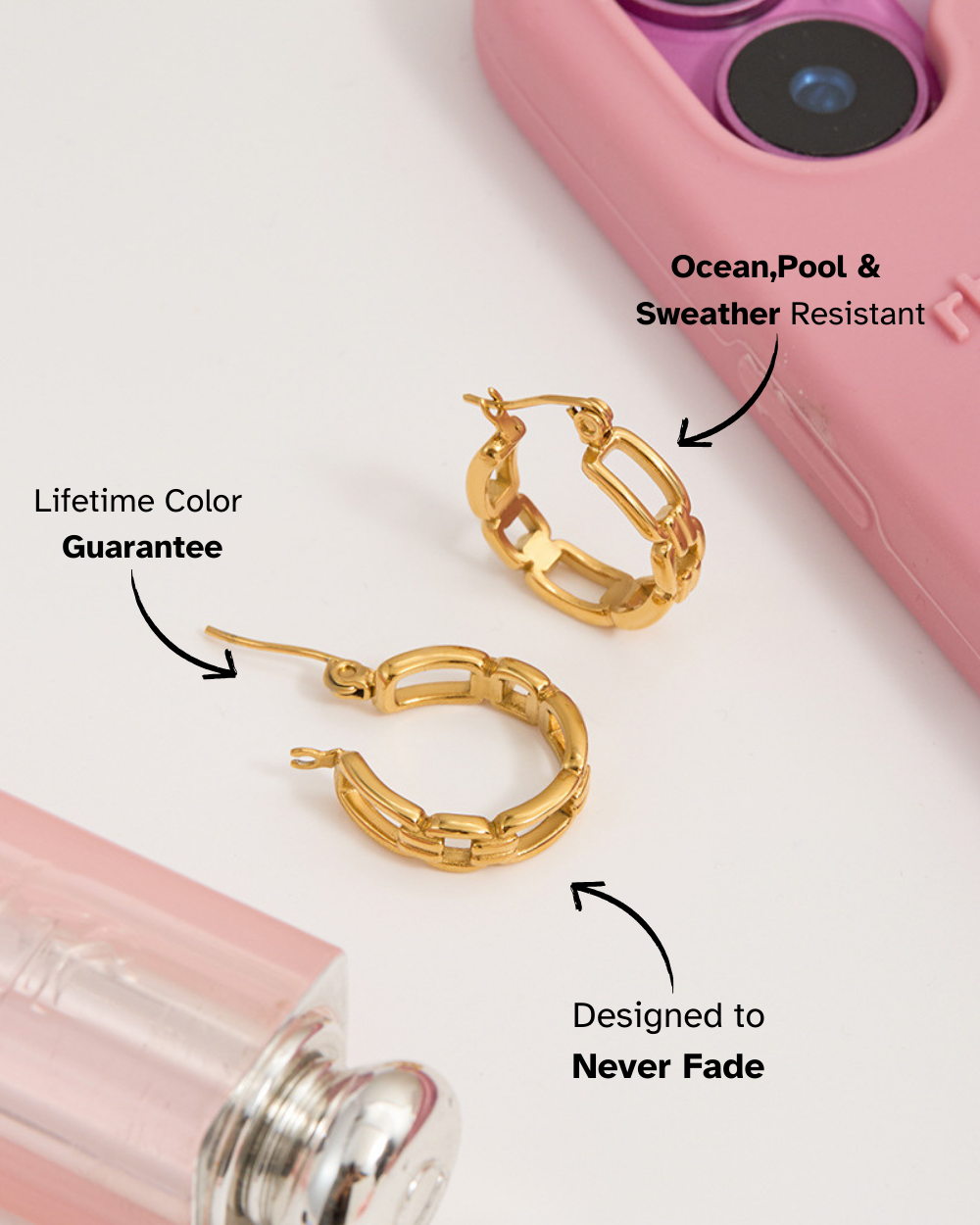 Gold hoop earrings with product features highlighted on a white background
