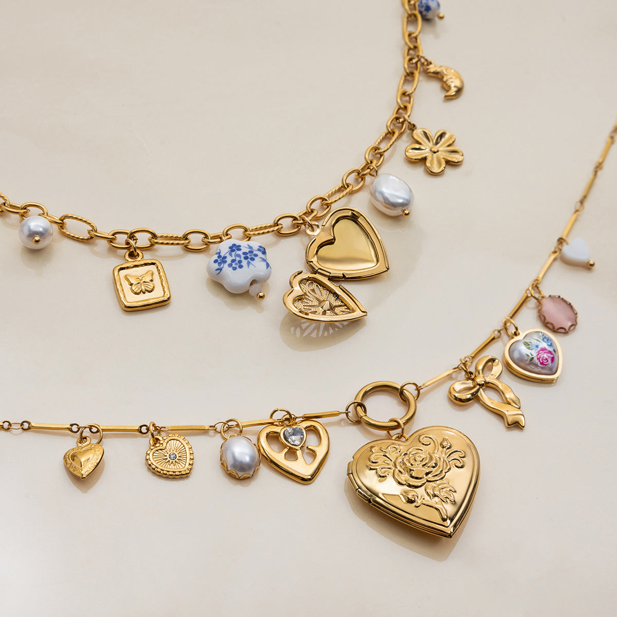 Layered statement necklaces with never-fade gold finish and oceanproof features