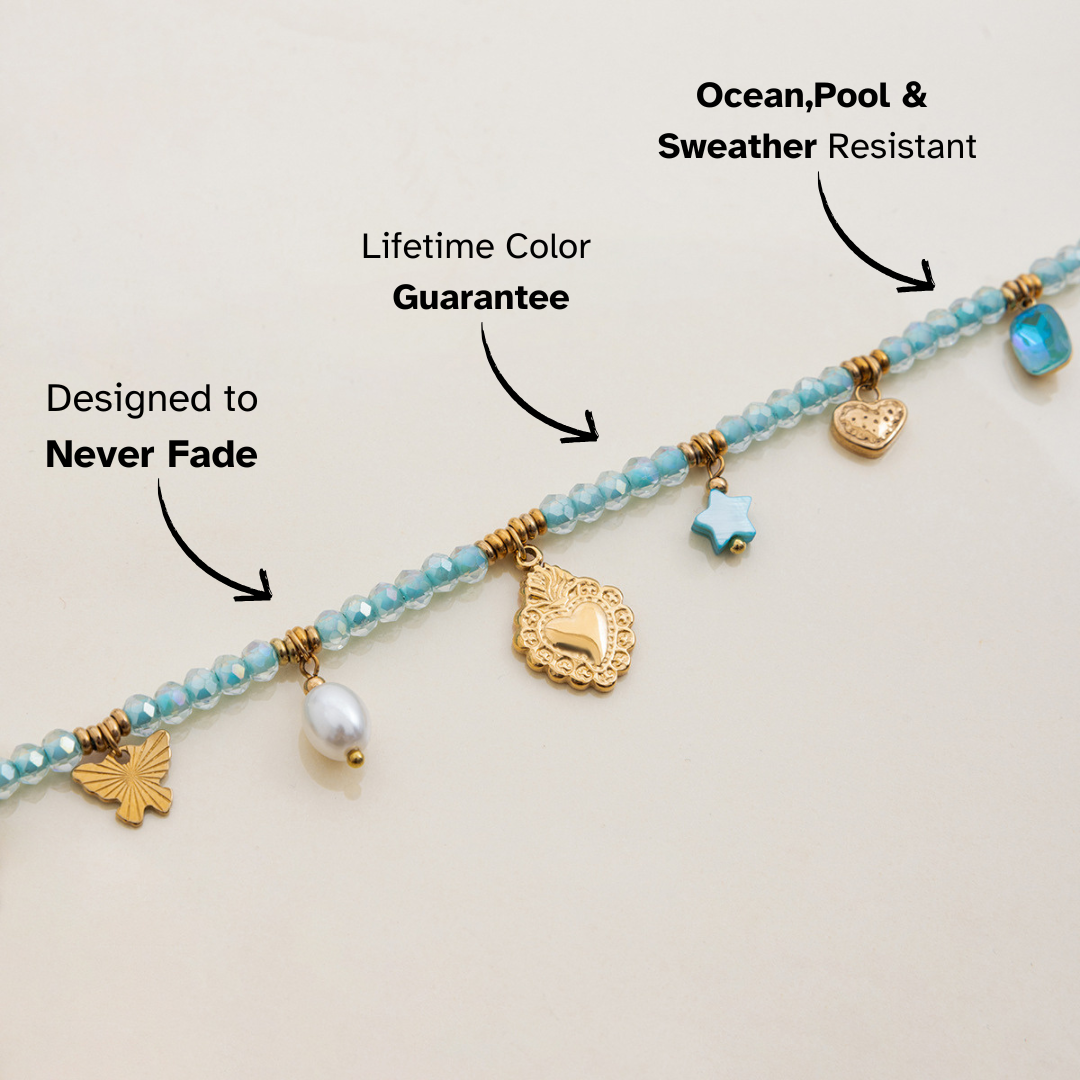 adjustable turquoise string necklace with ocean-inspired charms on beige background