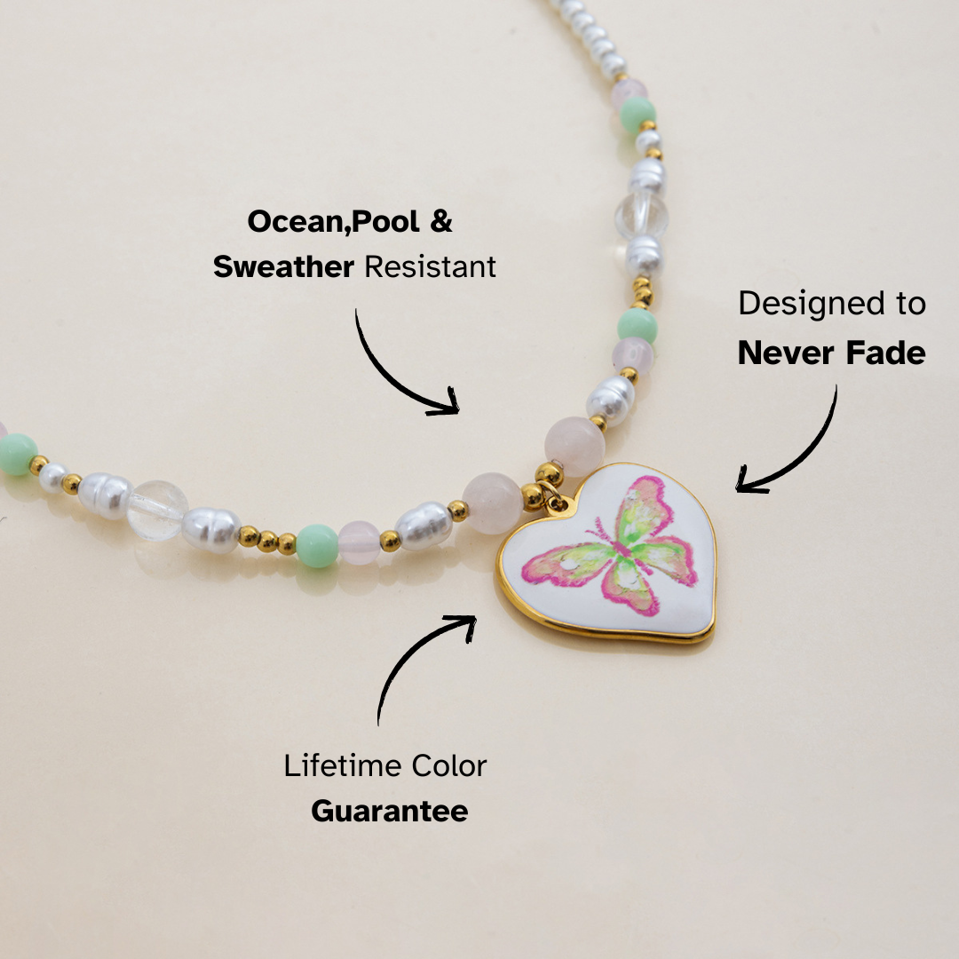 Layered candy tone beaded choker with enamel butterfly charm