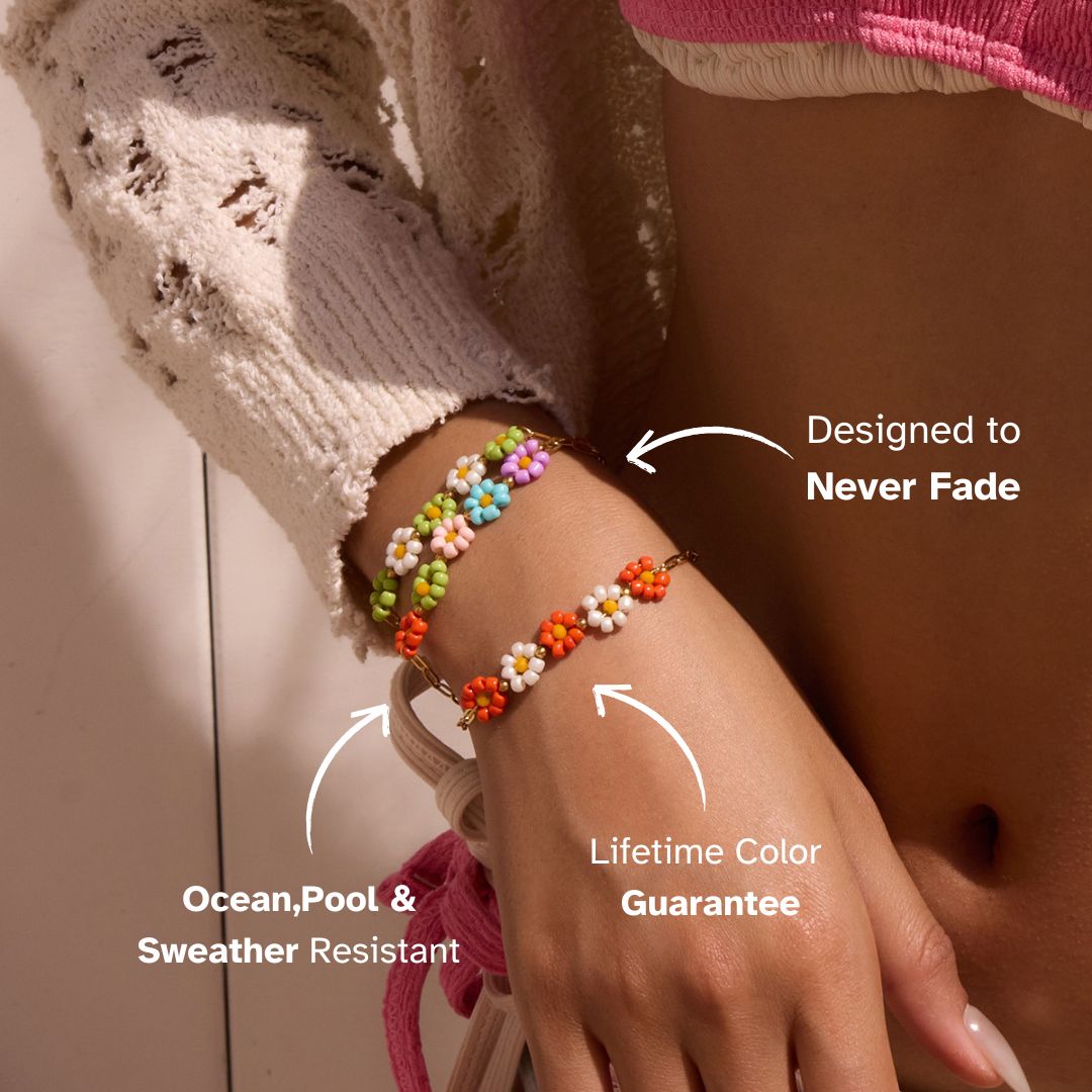 Colorful flower bead bracelets on model wrist – oceanproof, fade-free festival jewelry perfect for beach days