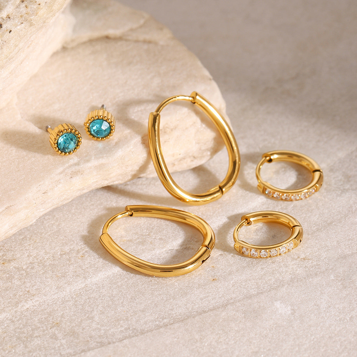 gold hoop and stud earring set with blue and crystal accents, versatile summer jewelry