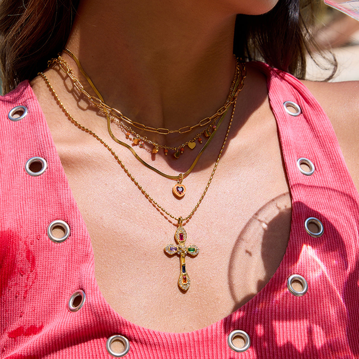 Sunset-inspired heart choker necklace styled for summer