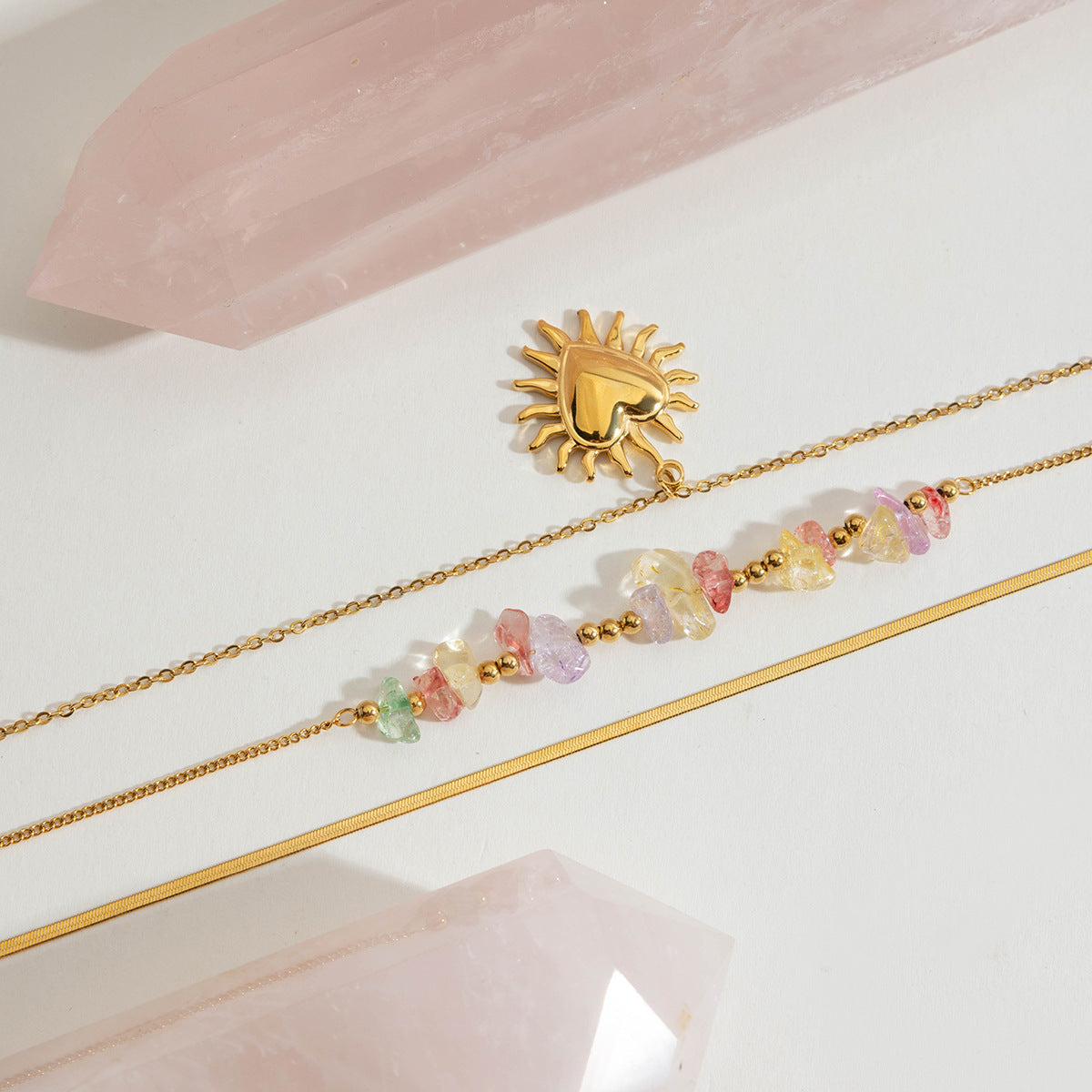 Sun-Kissed double chain necklace with pink heart charm