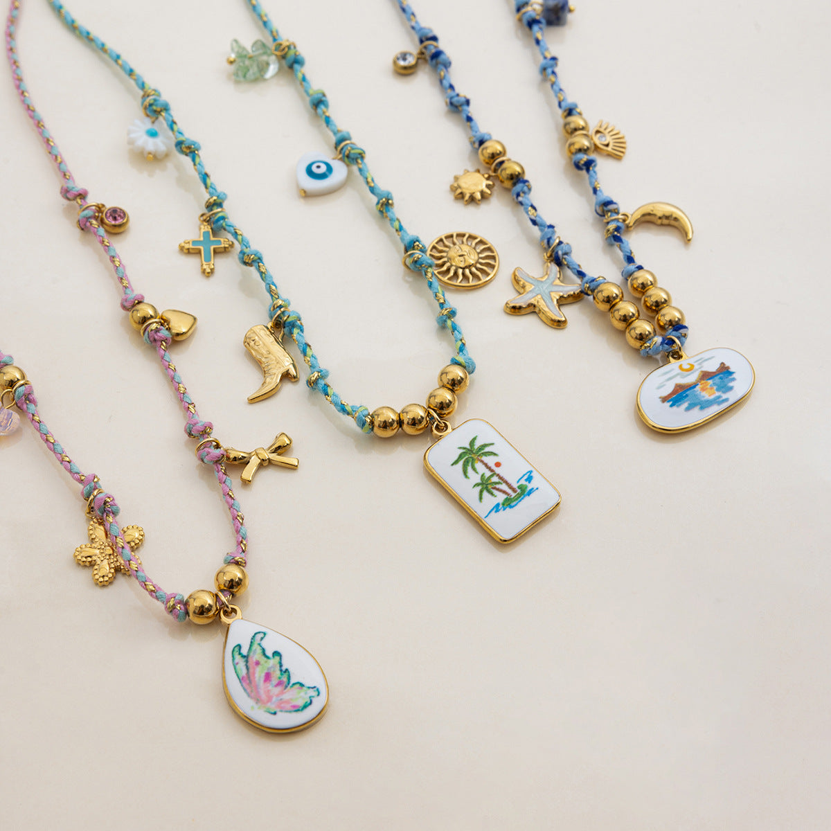 Summer beach rope necklace with hand-painted pendant details