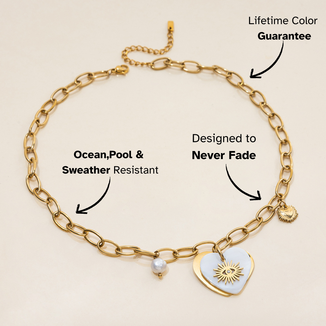 Close-up of beach-safe sun heart charm necklace