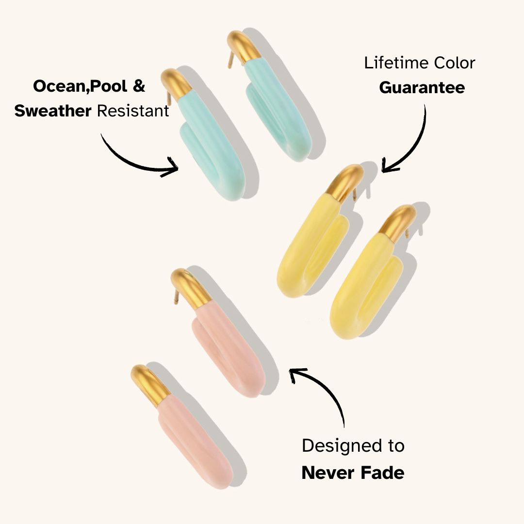 Colorful enamel huggie earrings in pastel green, yellow, and pink — playful accessory for seaside holidays and beach festivals.