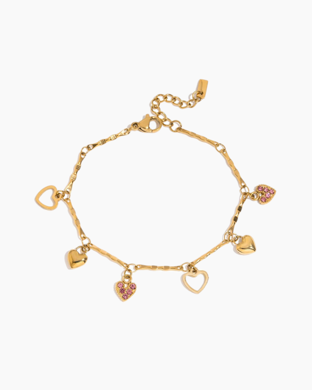 Gold bracelet with heart-shaped charms on a white background
