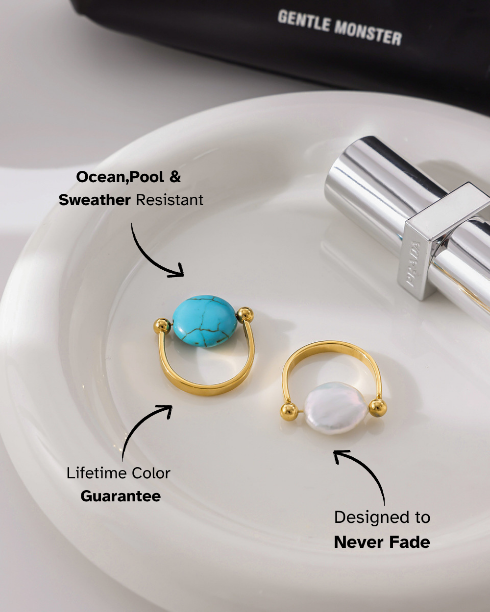 Two gold rings with gemstones on a white plate, with text highlighting features like ocean pool weather resistance and lifetime color guarantee.