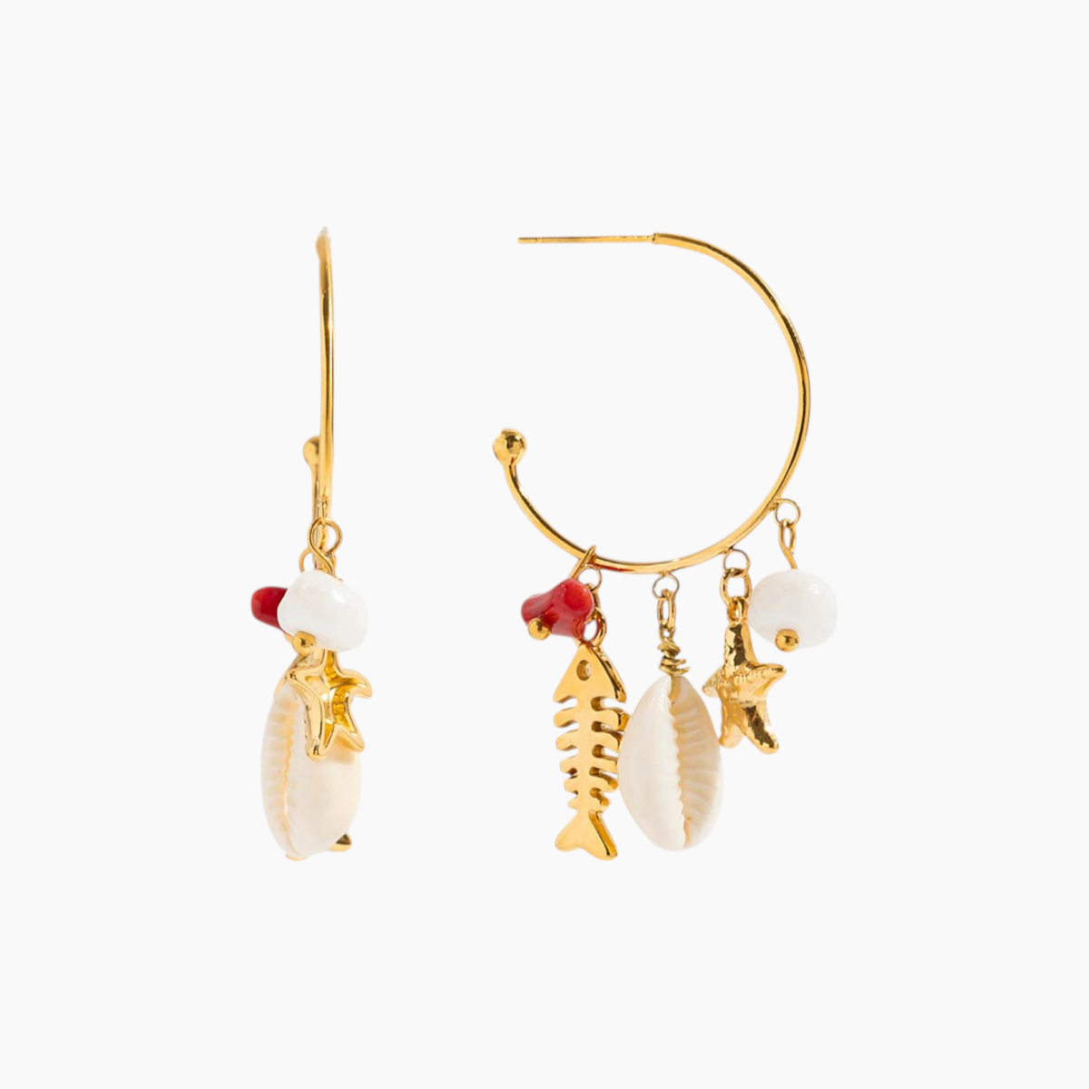 Gold hoop earrings with shell and fish charms on a white background
