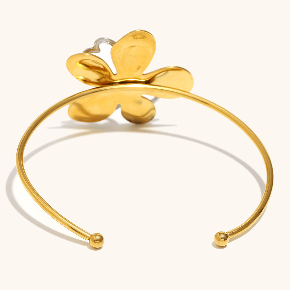 Chic gold and silver open bangle with 3D flower and hollow butterfly design