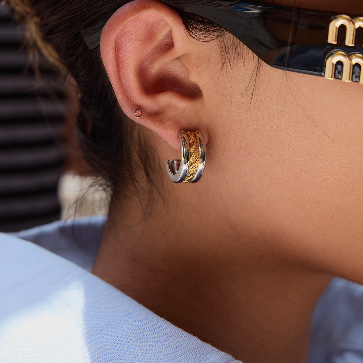 Gold wrapped silver hoops styled with a casual summer outfit