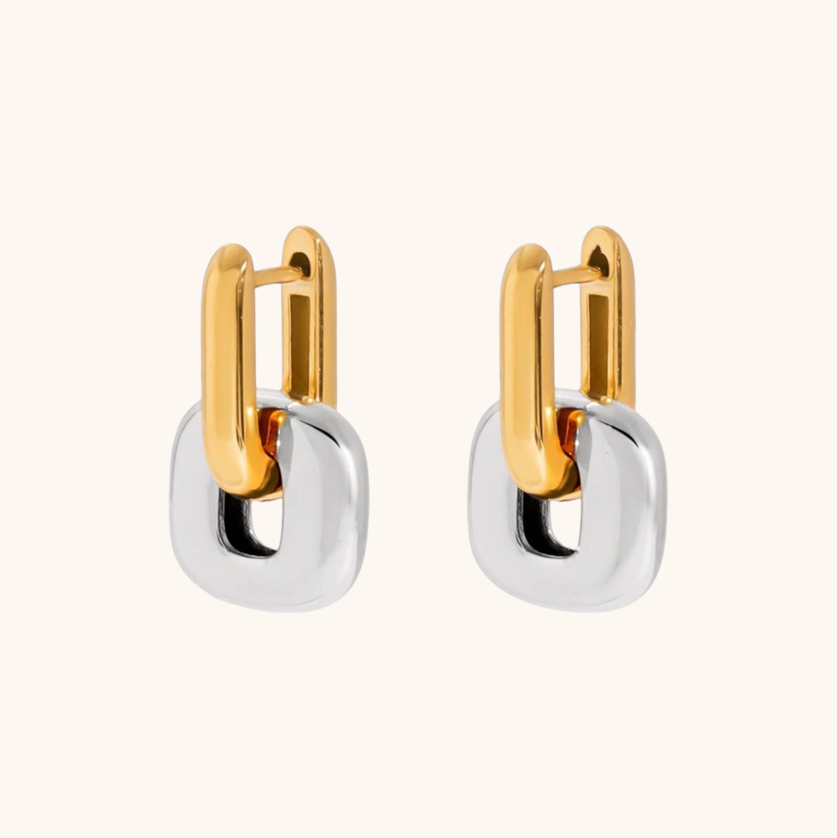 Gold and silver double-link earrings with polished finish, product image on white background.