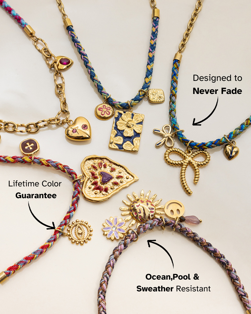 Gold necklaces with various charms on a white background, featuring text about product features.