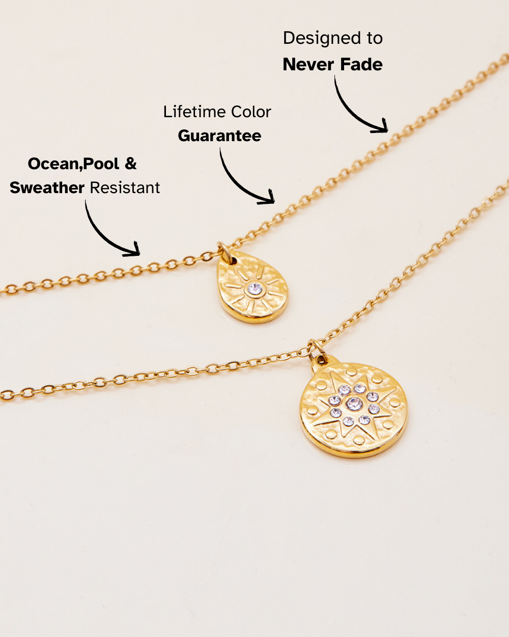 Gold necklace with circular pendant on a light background