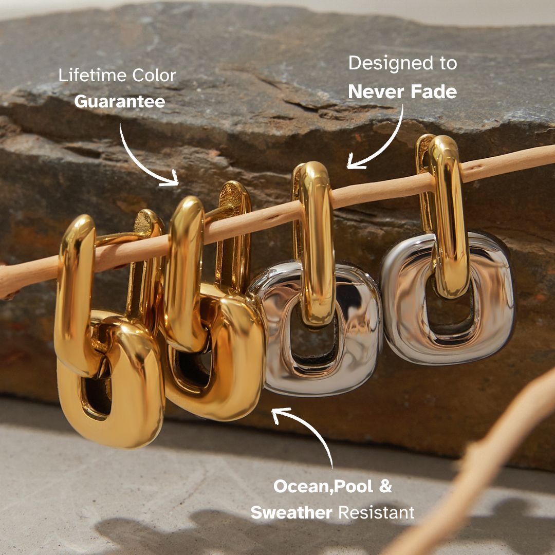 Collection of four gold and silver chunky earrings hanging outdoors, labeled waterproof and fadeproof.