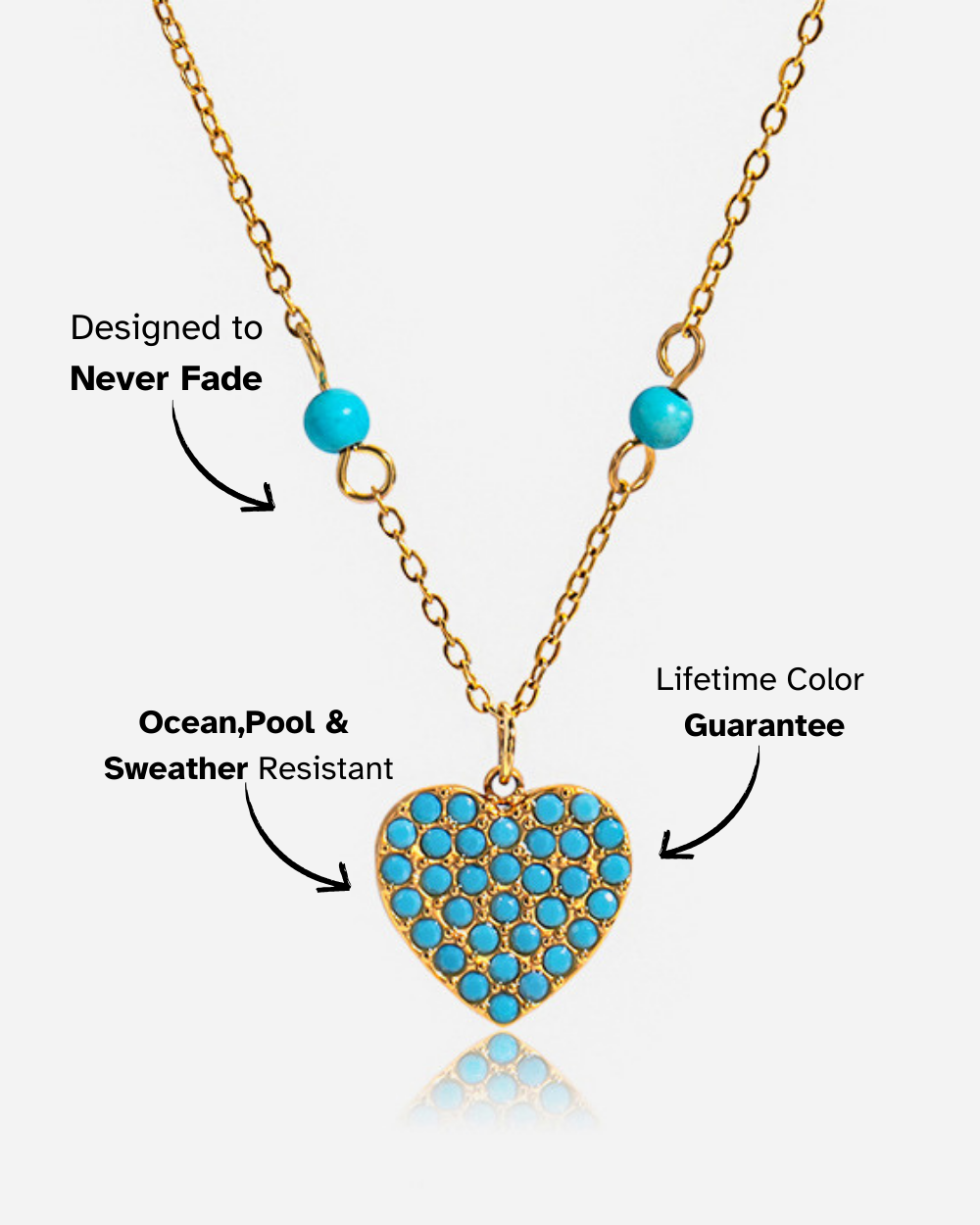 Heart-shaped turquoise pendant necklace on a gold chain with text about color guarantee and resistance.