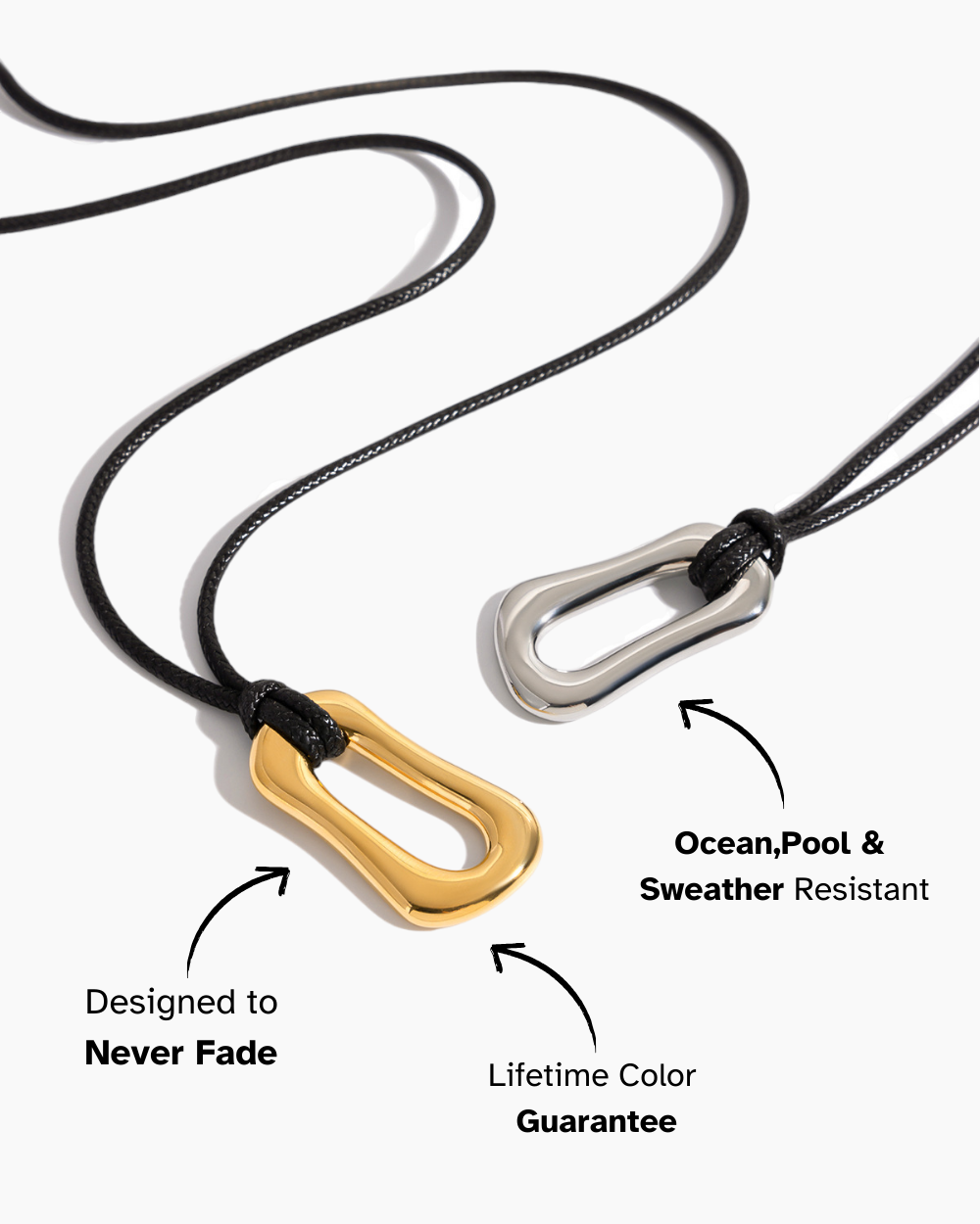 Necklace with gold and silver carabiner ends on a black cord, featuring durability and color guarantee text.