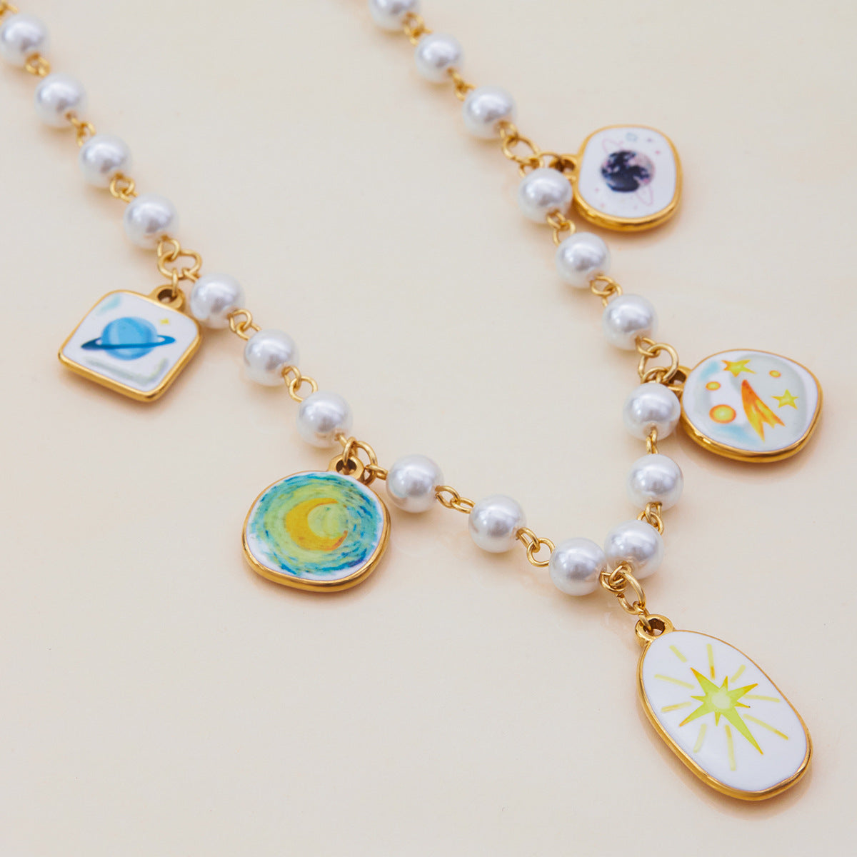 Galaxy and planet charms on pearl chain necklace, waterproof and tarnish-free
