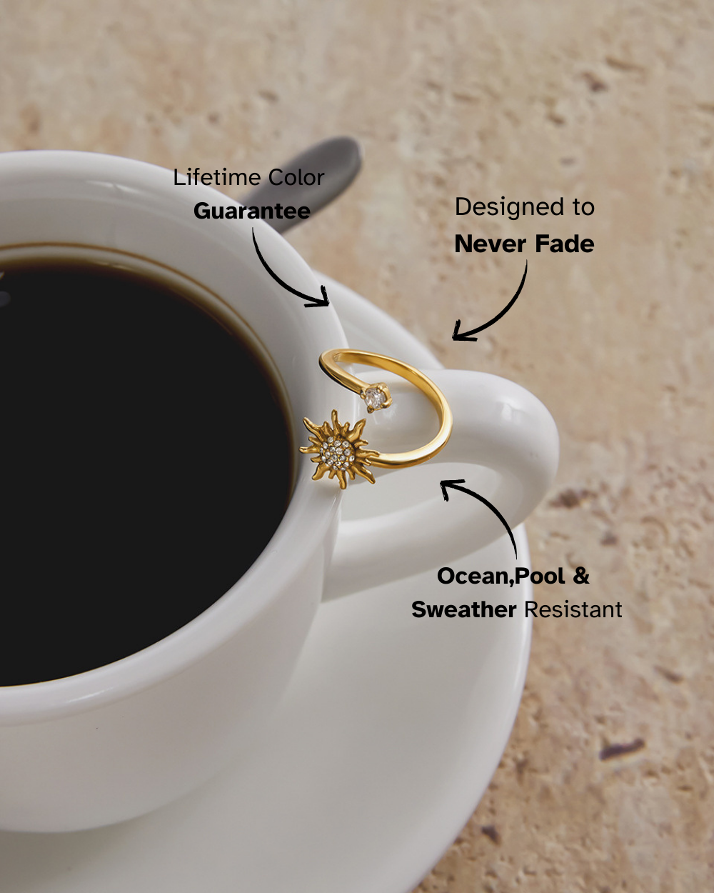 Gold ring with star design on a white cup of coffee, labeled with product features.