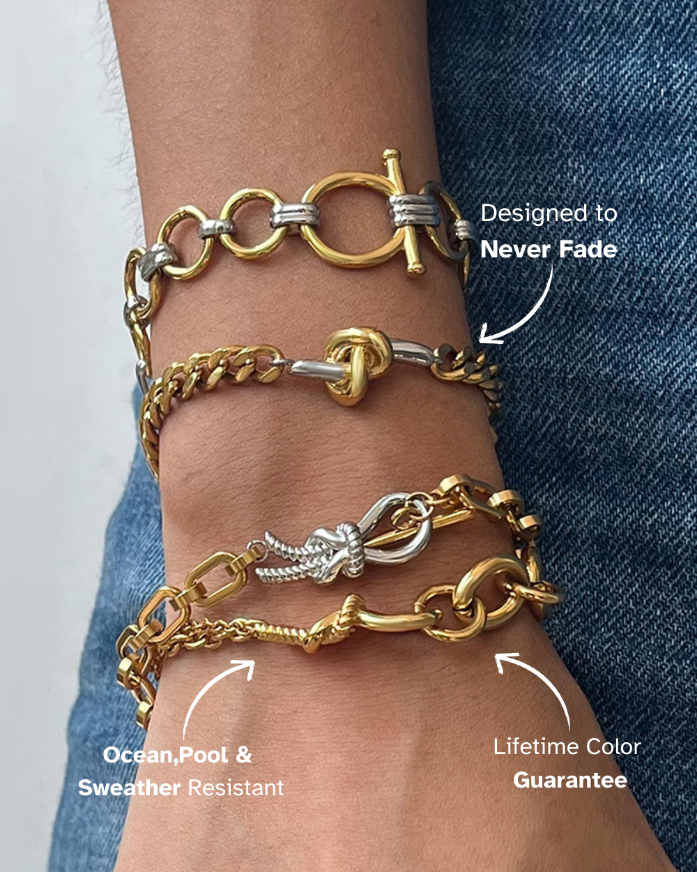 Gold and silver chain bracelets on a wrist with text about durability.