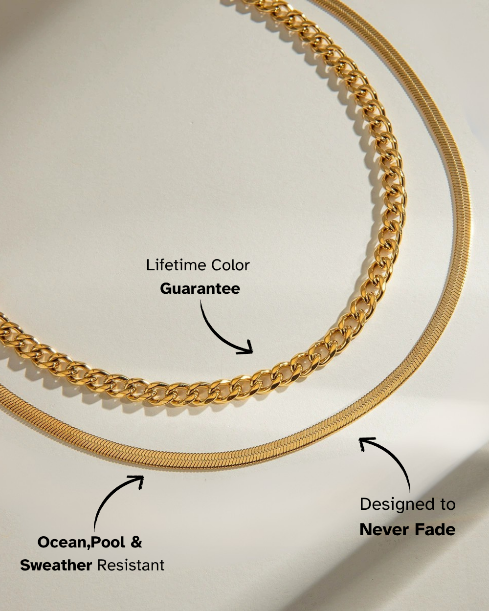 Gold chain necklace with text highlighting features on a light background