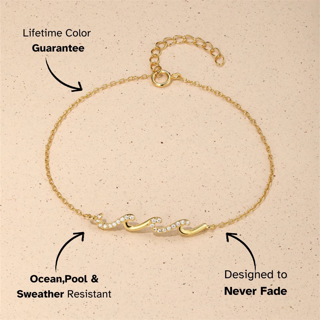 Dainty wave bracelet with tiny cubic zirconia on gold chain, summer beach vibe