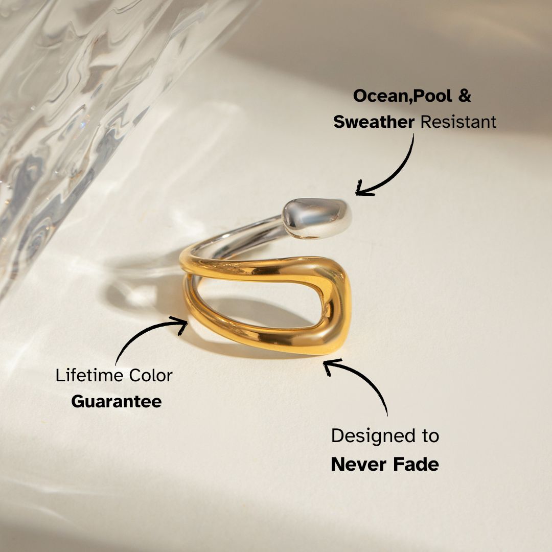 Contemporary open ring in gold and silver tones with fluid curves — adjustable, fade-resistant, perfect for trend-forward European women
