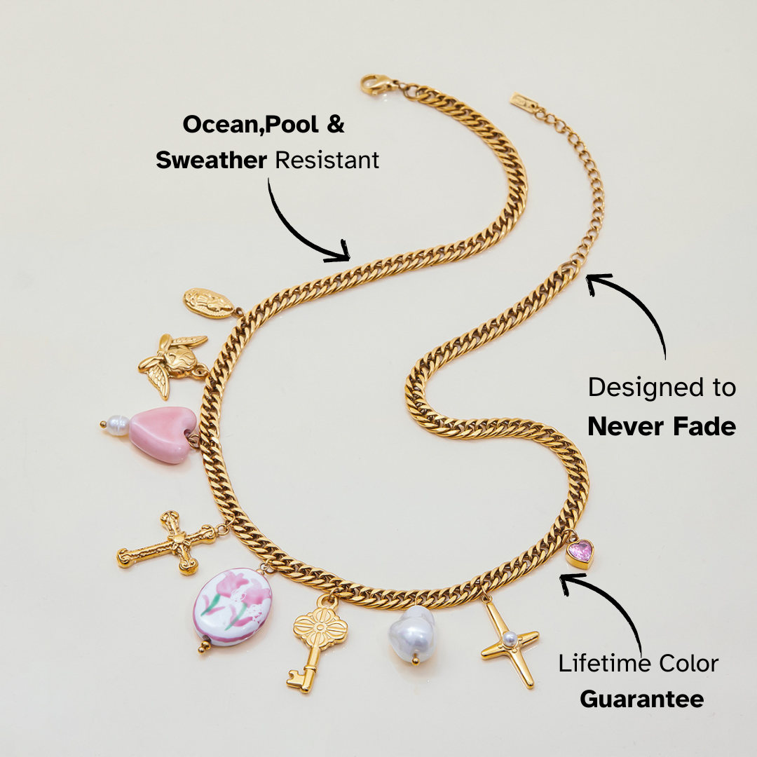 Necklace with hanging key, tulip, and pearl charms for beach wear