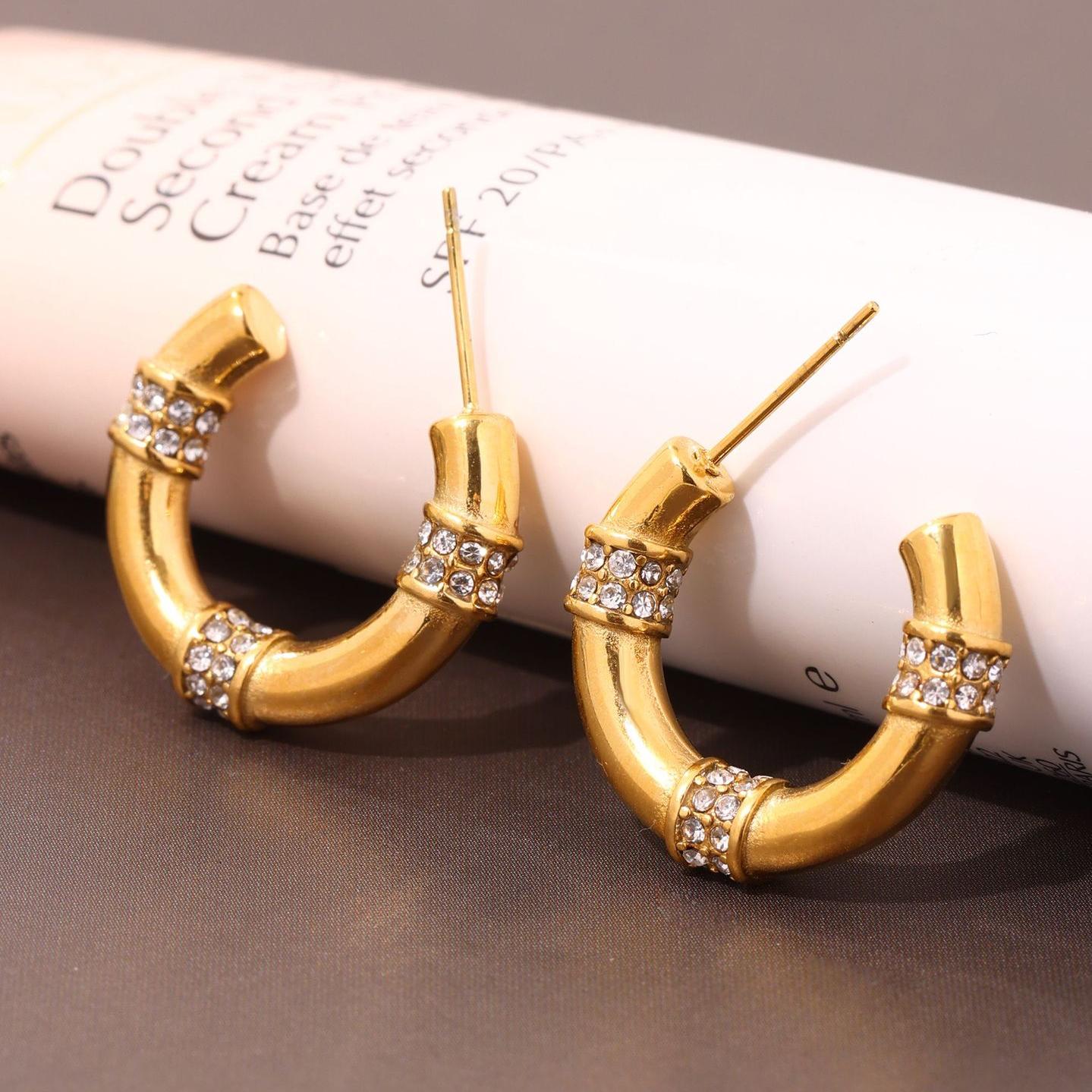 Bamboo Hoop Earrings with Zirconia - mifjewelry